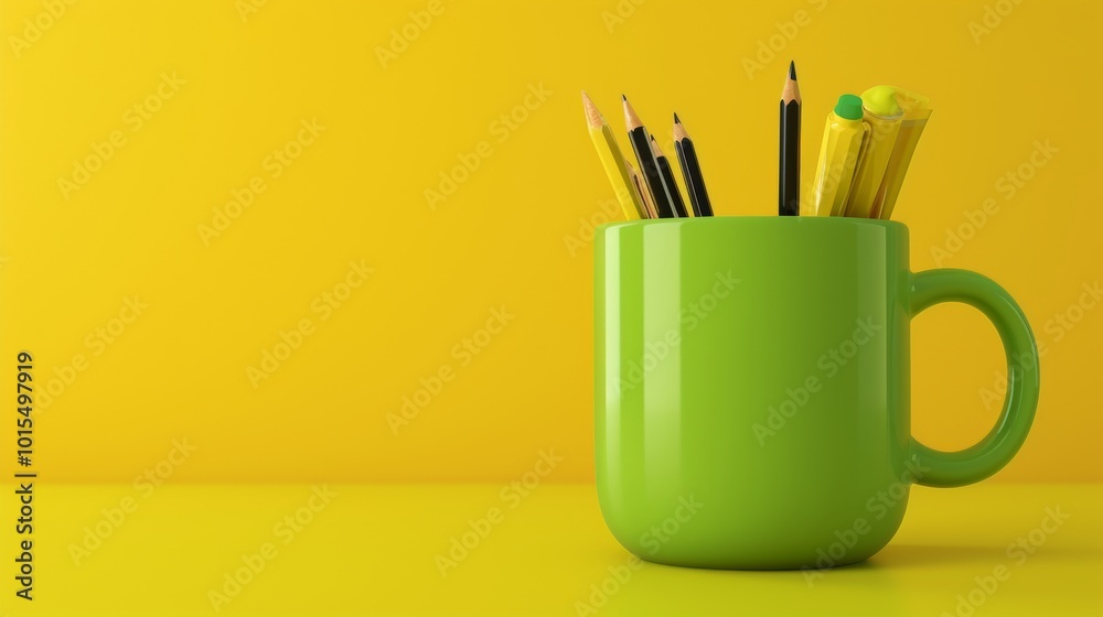 A bright green mug holds an assortment of yellow and black pencils, pens, and a highlighter, set against a vibrant yellow backdrop. This minimalist composition emphasizes color contrast and A bright green mug holds an assortment of yellow and black pencils, pens, and a highlighter, set against a vibrant yellow backdrop. This minimalist composition emphasizes color contrast and