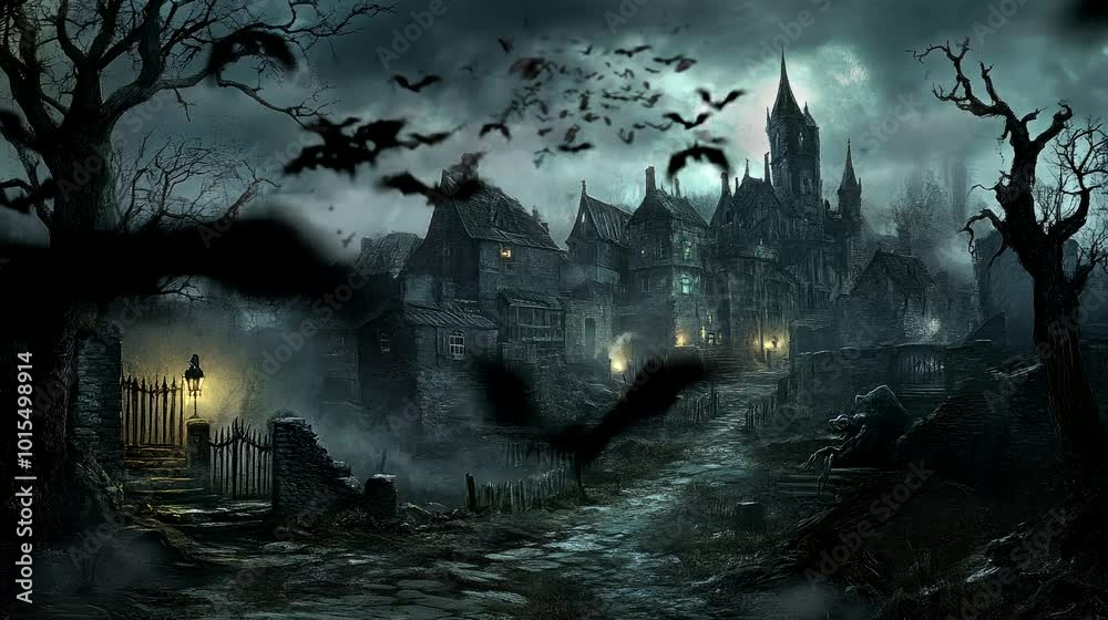 a spooky and terrifying village with flying bats. Seamless looping time-lapse virtual 4k video animation background