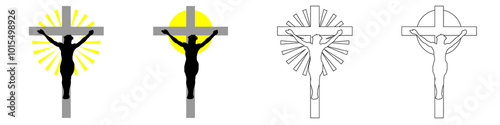 Jesus Christ Crucifixion silhouette in cross with halo light shining, religion symbol , symbol of Easter, Christening. Holy Spirit. Religious. Baptism Christening Invitation	