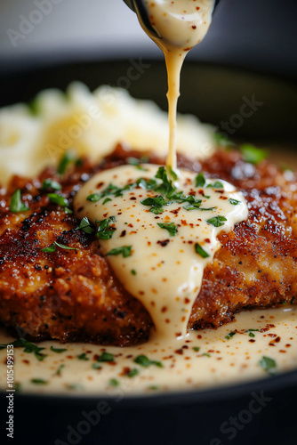 Chicken fried steak being covered in a creamy white gravy