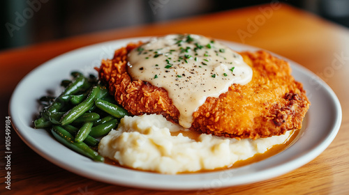 Chicken fried steak covered in creamy white gravy served with mashed potatoes and green beans on the side