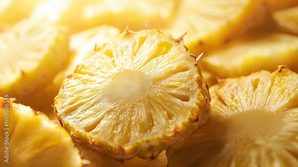 A wooden cutting board holds a pile of pineapple slices atop a table A wooden cutting board holds a pile of pineapple slices atop a table