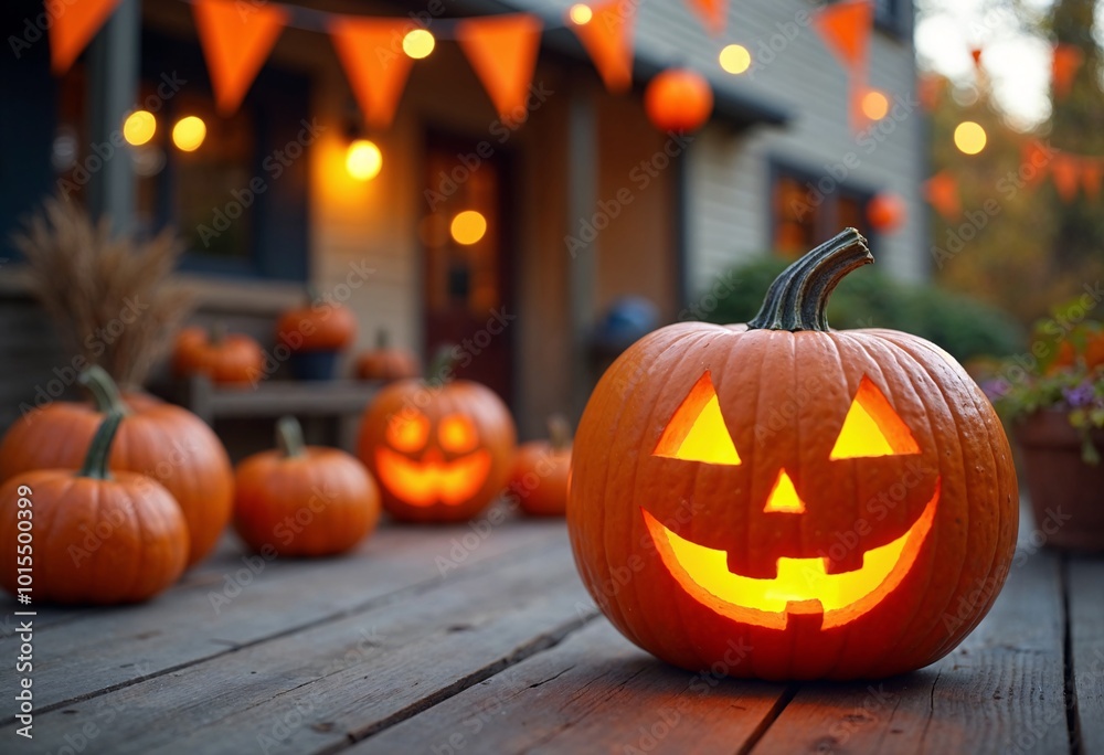 Lit jack-o'-lantern, carved pumpkin, creepy pumpkins, spooky celebration, full moon bats, autumn leaves, dark night, scene horror, with copy space, background with empty space. Lit jack-o'-lantern, carved pumpkin, creepy pumpkins, spooky celebration, full moon bats, autumn leaves, dark night, scene horror, with copy space, background with empty space.