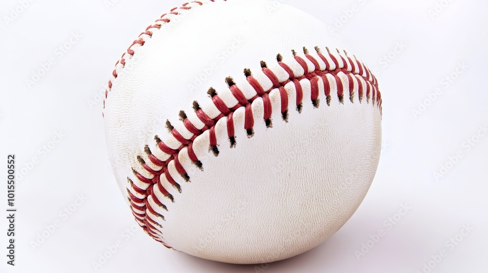 Close-up of a baseball revealing textured seams against a clean white backdrop perfect for sports enthusiasts baseball themes and athletic imagery Close-up of a baseball revealing textured seams against a clean white backdrop perfect for sports enthusiasts baseball themes and athletic imagery