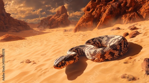 A desert scene featuring a snake slithering across hot sand, its patterned scales blending with the arid environment. photo