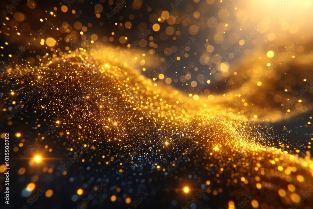 Obraz premium An enchanting display of shimmering golden particles dances through a dark backdrop, evoking a dreamlike ambiance reminiscent of distant galaxies during twilight.