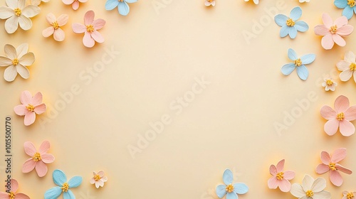   A collection of paper blossoms against a yellow backdrop featuring a space for text
