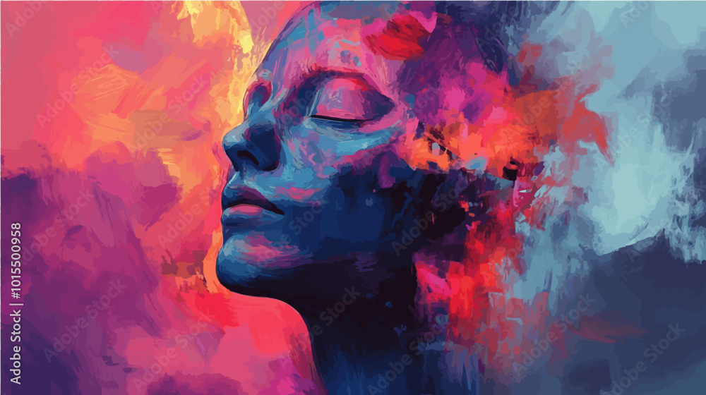 Vivid abstract 2D illustration of a woman's face, ultra-colorful yet serene. Ideal for digital art, modern design, or creative projects. Vivid abstract 2D illustration of a woman's face, ultra-colorful yet serene. Ideal for digital art, modern design, or creative projects.