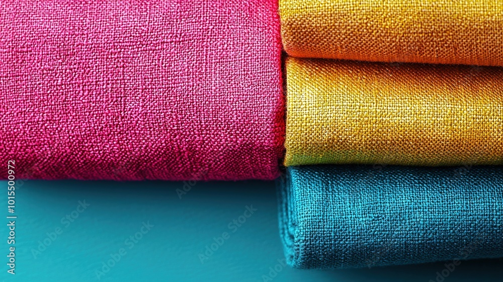 Stack of colorful towels on blue-green tablecloth on blue surface Stack of colorful towels on blue-green tablecloth on blue surface