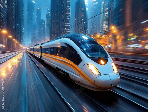 high-speed train zipping past a bustling modern city, blurred motion captures the energy of travel. bright lights reflect off sleek train surfaces, evoking a sense of progress and technology