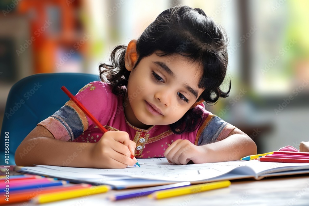 Young girl seated at desk with blank canvas, vibrant colored pencils. Focused on artwork, hand poised over canvas creating masterpiece. Natural light illuminates scene through window. Young girl seated at desk with blank canvas, vibrant colored pencils. Focused on artwork, hand poised over canvas creating masterpiece. Natural light illuminates scene through window.