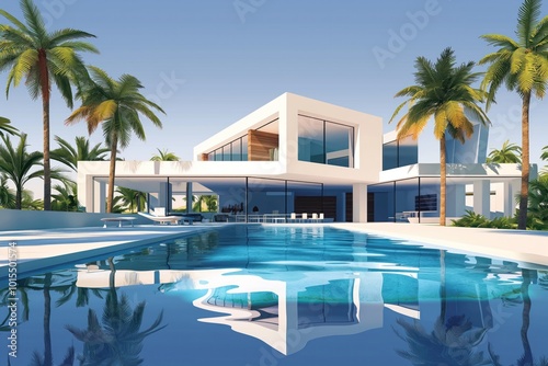 Modern minimalist cubic house exterior with large swimming pool among palm trees. Rich tropical island setting with clear blue sky and gentle breeze. Two-story house with flat roof and large windows.