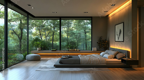 Modern Bedroom Interior Design with Large Windows and Forest View - 3D Illustration