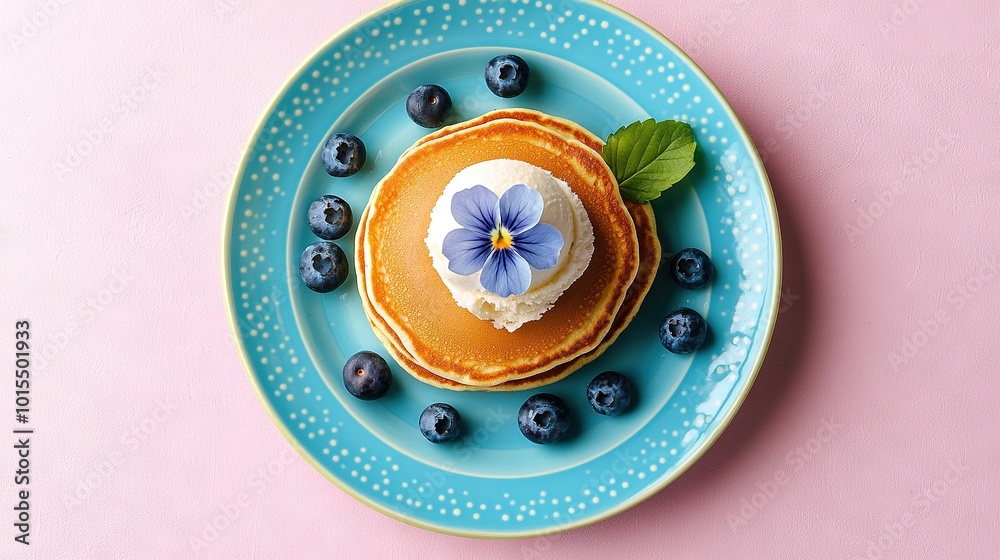 Blueberry-topped pancake stack on a blue plate Blueberry-topped pancake stack on a blue plate