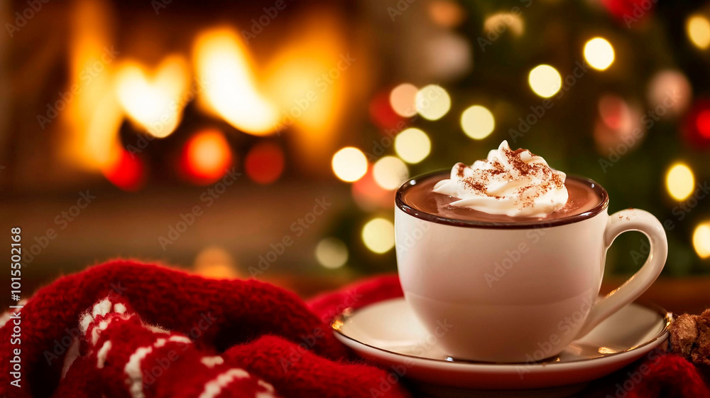 Cup with hot chocolate and cream, in the background a cozy place with a fireplace, and Christmas lights Cup with hot chocolate and cream, in the background a cozy place with a fireplace, and Christmas lights
