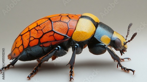 an A beetle with a body shape and color that mimics a dead leaf or twig. photo