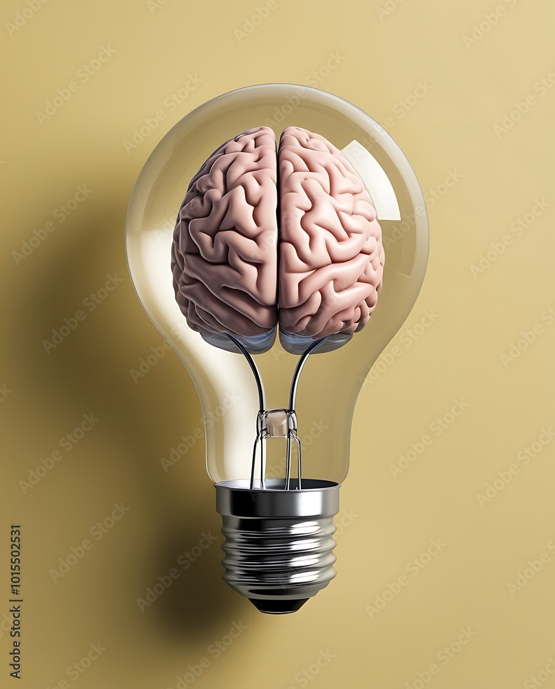 On a yellow background, a light bulb with a brain inside symbolizes ...