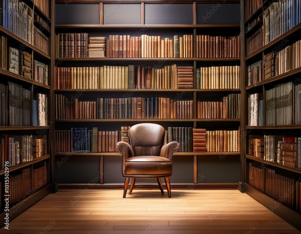 library with lots of books neatly arranged in the cupboard and an empty chair in the middle library with lots of books neatly arranged in the cupboard and an empty chair in the middle