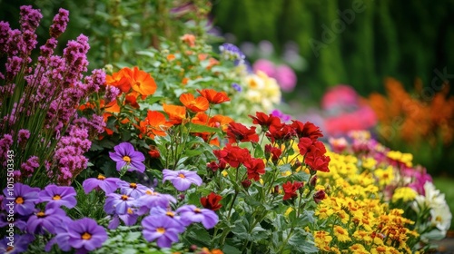 A garden filled with various blooming flowers, showcasing a rainbow of colors including red, purple, yellow, and orange.