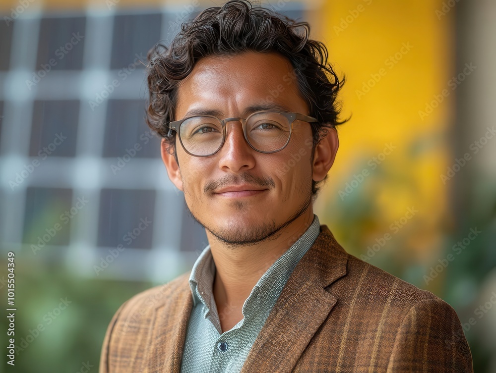 latino engineer framed against a backdrop of solar panels, embodying innovation and sustainability, with a bright sky overhead that enhances the optimistic tone of renewable energy endeavors latino engineer framed against a backdrop of solar panels, embodying innovation and sustainability, with a bright sky overhead that enhances the optimistic tone of renewable energy endeavors