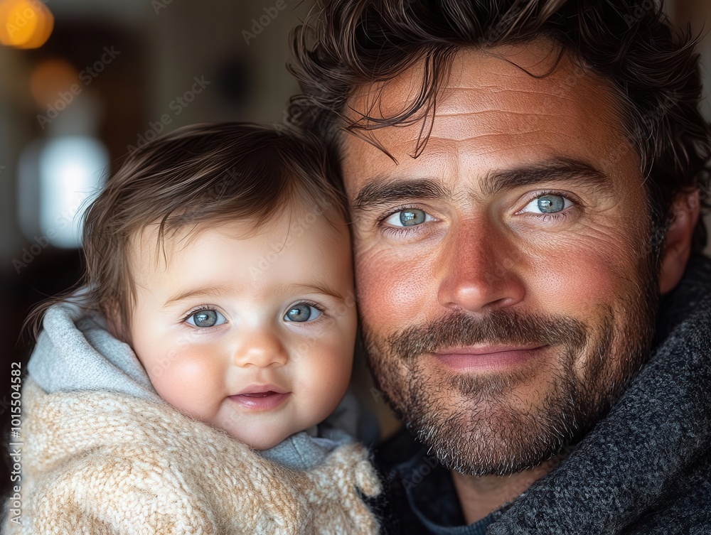 loving portrait of a smiling dad cuddling a joyful baby at home, radiating warmth and affection; the intimate setting captures the essence of family love and happiness loving portrait of a smiling dad cuddling a joyful baby at home, radiating warmth and affection; the intimate setting captures the essence of family love and happiness