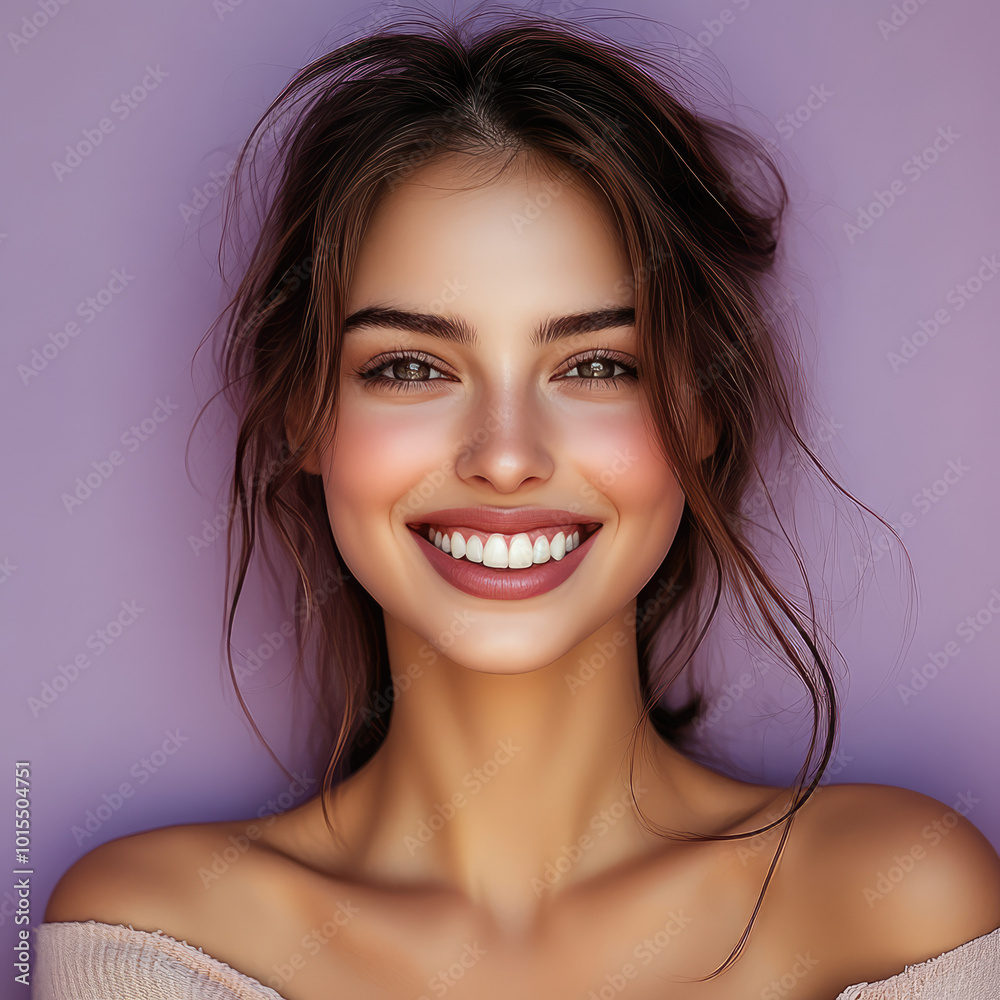 very attractive brunette brown eyes young woman with light natural make up is standing on the plain purple and lavender flowers background very attractive brunette brown eyes young woman with light natural make up is standing on the plain purple and lavender flowers background