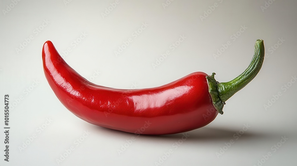vibrant red chili pepper with a sleek exterior and fresh green stem prominently placed against a stark white backdrop capturing the essence of freshness and culinary potential vibrant red chili pepper with a sleek exterior and fresh green stem prominently placed against a stark white backdrop capturing the essence of freshness and culinary potential