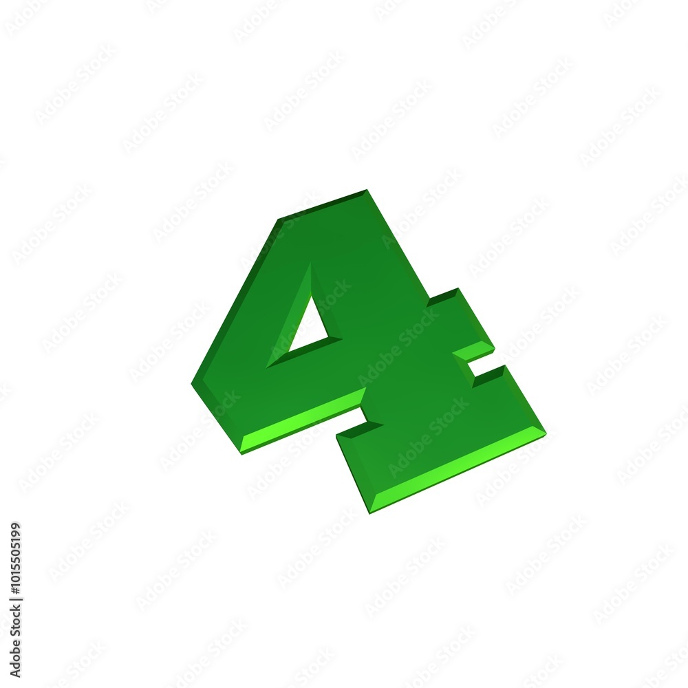 3D green number four with a glossy finish on a white background.