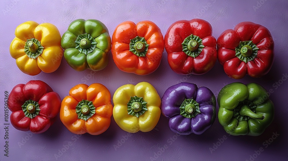 A cluster of diverse-colored peppers resting atop a royal purple surface, featuring green, red, and yellow varieties in the center A cluster of diverse-colored peppers resting atop a royal purple surface, featuring green, red, and yellow varieties in the center