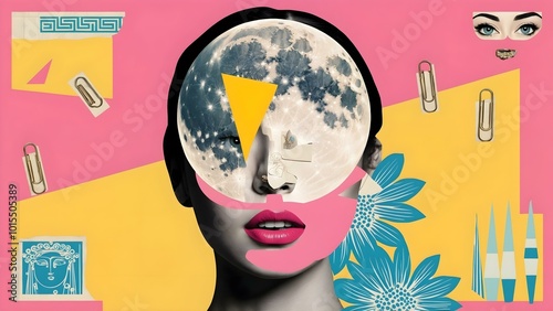 Surreal Moon-Faced Figure with Abstract Elements
