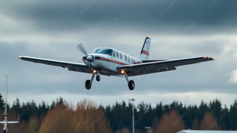 Obraz premium Single Engine Small Airplane Takes Flight from Airport with Dramatic Cloudy Sky Backdrop Capturing Adventure and Aviation Spirit in Travel Photography