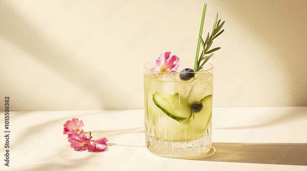 A macro shot of an alcoholic beverage inside a transparent container adorned with a verdant decoration and a blossom adjacent A macro shot of an alcoholic beverage inside a transparent container adorned with a verdant decoration and a blossom adjacent