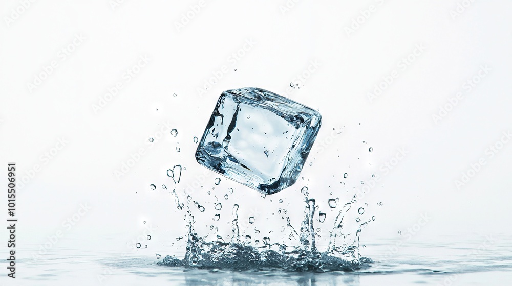 An ice cube with water splashing out on a white and gray background, reflecting in the water An ice cube with water splashing out on a white and gray background, reflecting in the water