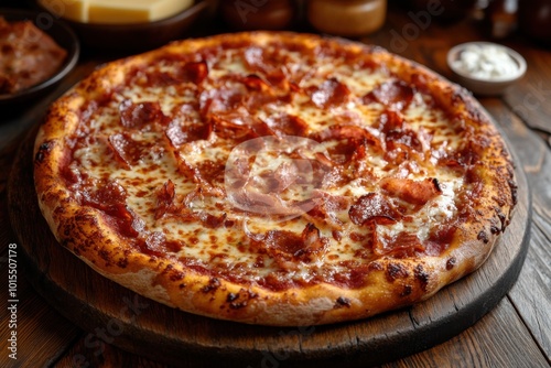 pizza on a wooden background slices of cheese and mea photo