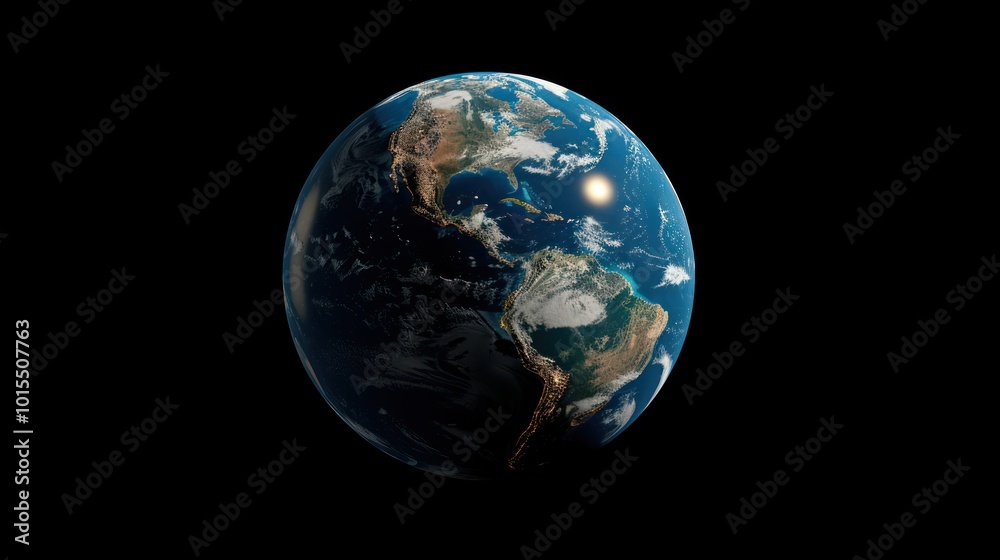 Realistic 3D rendering of Earth with illuminated city lights on the night side. Space and global concept for design and print. Realistic 3D rendering of Earth with illuminated city lights on the night side. Space and global concept for design and print.