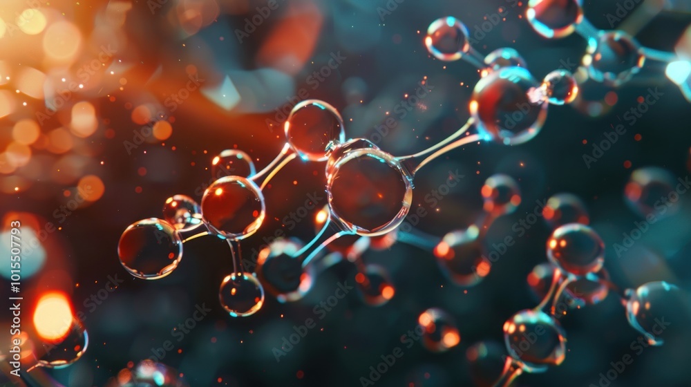 Abstract molecular structure with glass-like spheres and glowing connections. Science and technology concept for design and print. Abstract molecular structure with glass-like spheres and glowing connections. Science and technology concept for design and print.