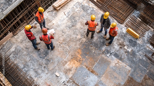 Team of construction workers discussing project plans at a busy building site, copy space —ar 16:9