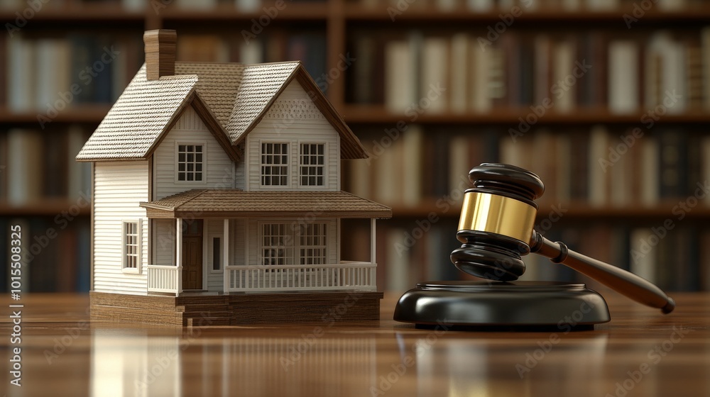 Model house and court gavel representing real estate legal issues Model house and court gavel representing real estate legal issues
