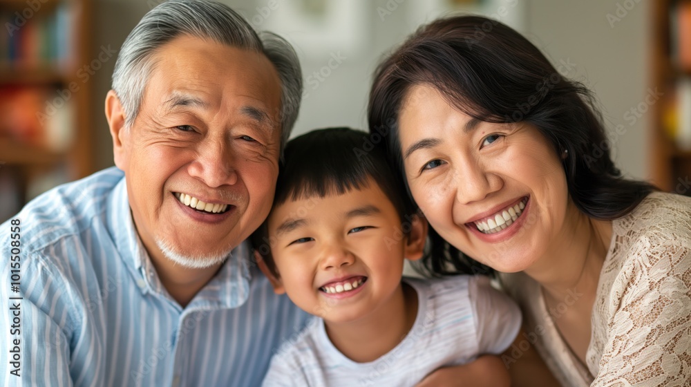 Grandparents and Child Smiling Together in Cozy Home Environment Symbolizing Joyful Family Bonding, Happy Concept Grandparents and Child Smiling Together in Cozy Home Environment Symbolizing Joyful Family Bonding, Happy Concept
