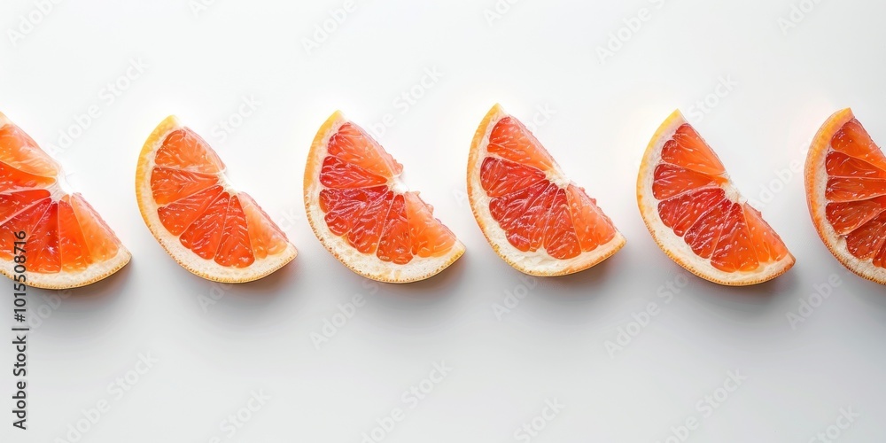 Grapefruit Slices in a Row, Bright Citrus Fruits with Vibrant Red Pulp on White Background, Healthy Eating Concept Grapefruit Slices in a Row, Bright Citrus Fruits with Vibrant Red Pulp on White Background, Healthy Eating Concept
