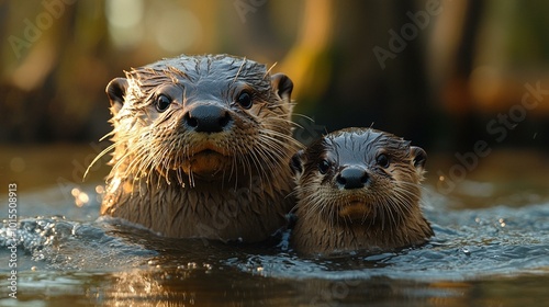 the A mother otter teaching her pup to swim in a tranquil river.