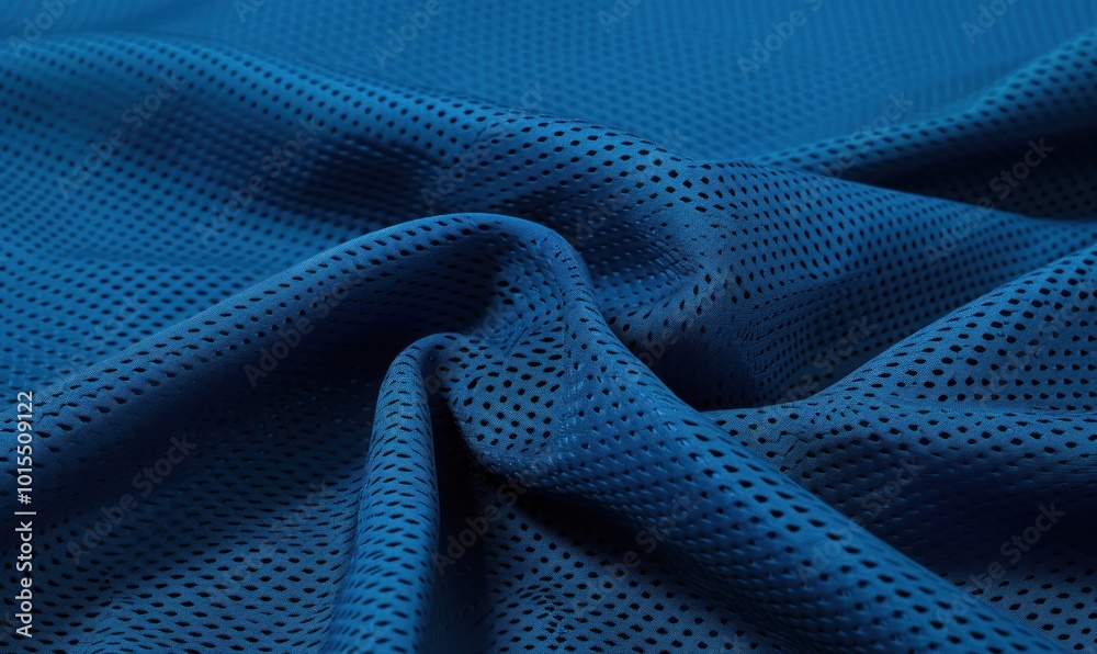 Blue perforated fabric with soft folds. Textile texture detail for fashion or sportswear material design.