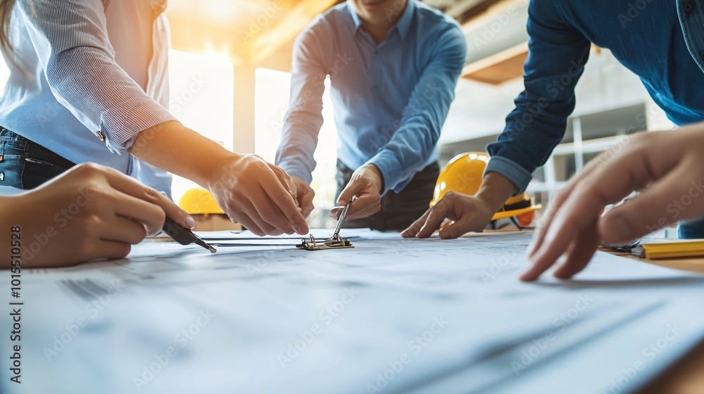 Team of construction workers discussing project plans at a busy building site, copy space Team of construction workers discussing project plans at a busy building site, copy space