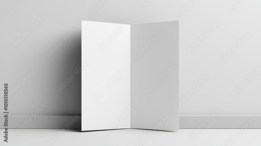 Minimalist blank white tri-fold brochure template leaning against a wall showcasing front and back design for business marketing print media and branding solutions Minimalist blank white tri-fold brochure template leaning against a wall showcasing front and back design for business marketing print media and branding solutions