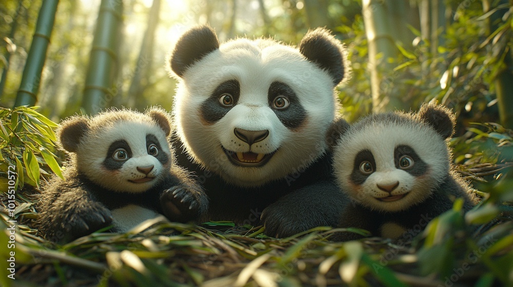 a A mother panda and her cubs climbing and playing in a bamboo forest. a A mother panda and her cubs climbing and playing in a bamboo forest.