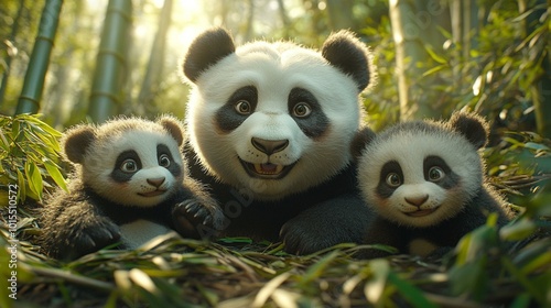 a A mother panda and her cubs climbing and playing in a bamboo forest.