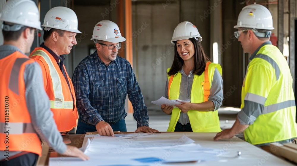 Team of construction workers discussing project plans at a busy building site, copy space Team of construction workers discussing project plans at a busy building site, copy space