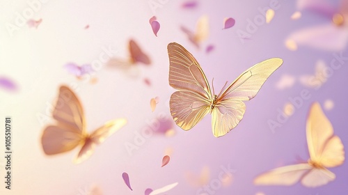 Wallpaper Mural   A group of yellow butterflies flies through a pink-purple sky filled with petals on the ground Torontodigital.ca