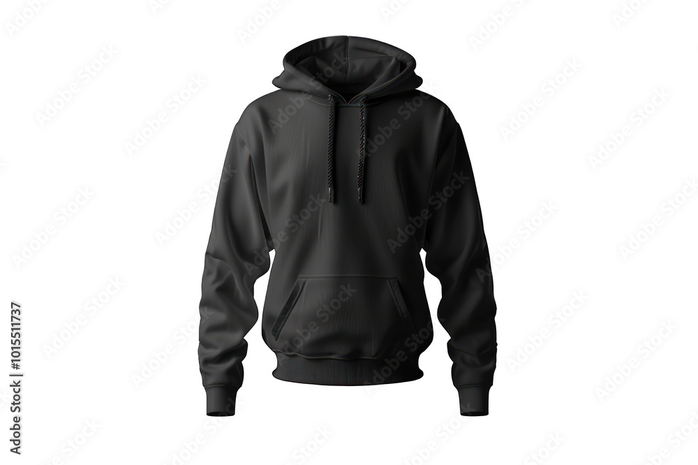 A sleek and modern black hoodie with drawstrings, isolated on a black background. A sleek and modern black hoodie with drawstrings, isolated on a black background.