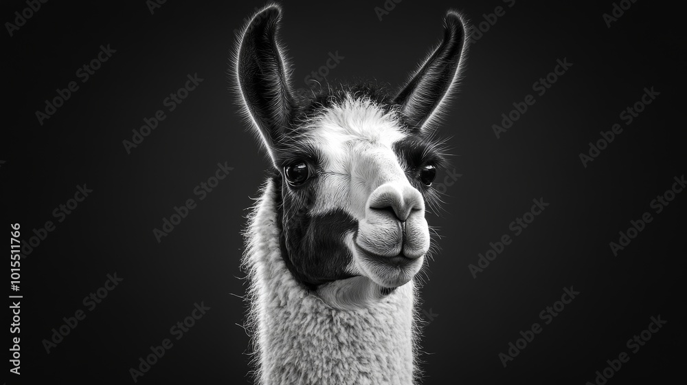 Obraz premium Majestic Head of Black and White Llama Against Scenic South American Landscape Showcasing Unique Camelid Features Nature and Wildlife Photography